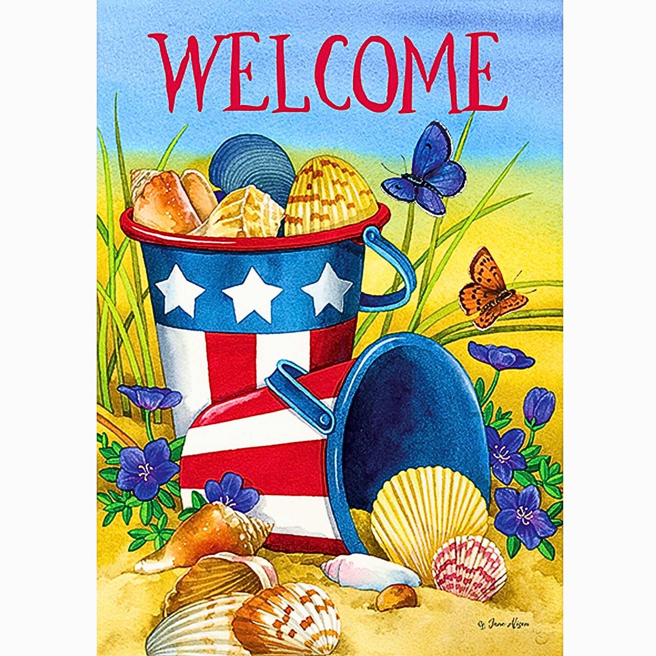 Custom Decor 18.0 Inch Beach Pails Garden Flag Patriotic Garden Flag , Fade Resistant Garden Sea Shells Patriotic Double-Sided